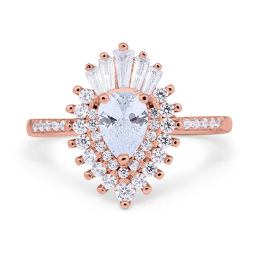 14K Rose Gold Pear Engagement Ring Baguette Simulated Cubic Zirconia Size-7